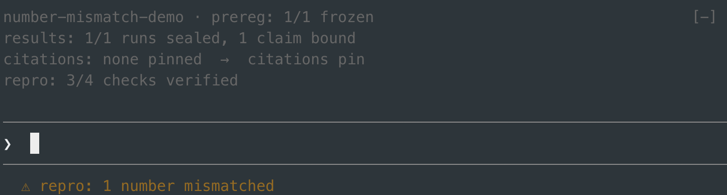 Four status rows above the prompt and a warning that one number is mismatched